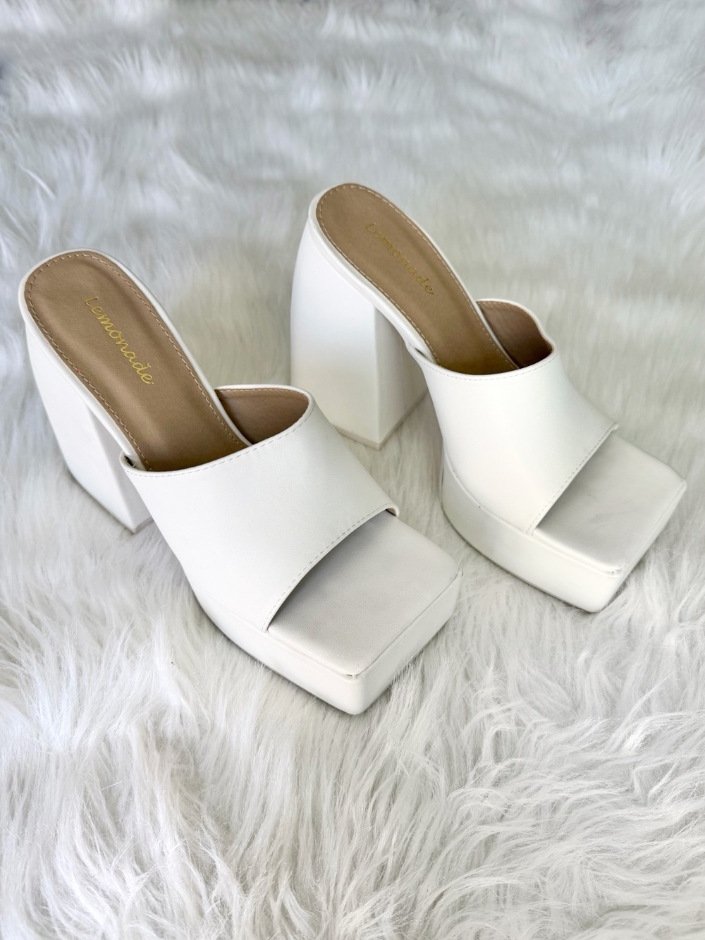 White chunky open toe high heels